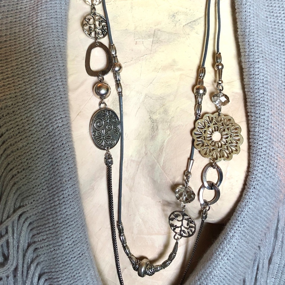 💖VTG Y2K Asymmetrical Boho Silver Filigree Beaded Cord Long 2 Strand Necklace🌸